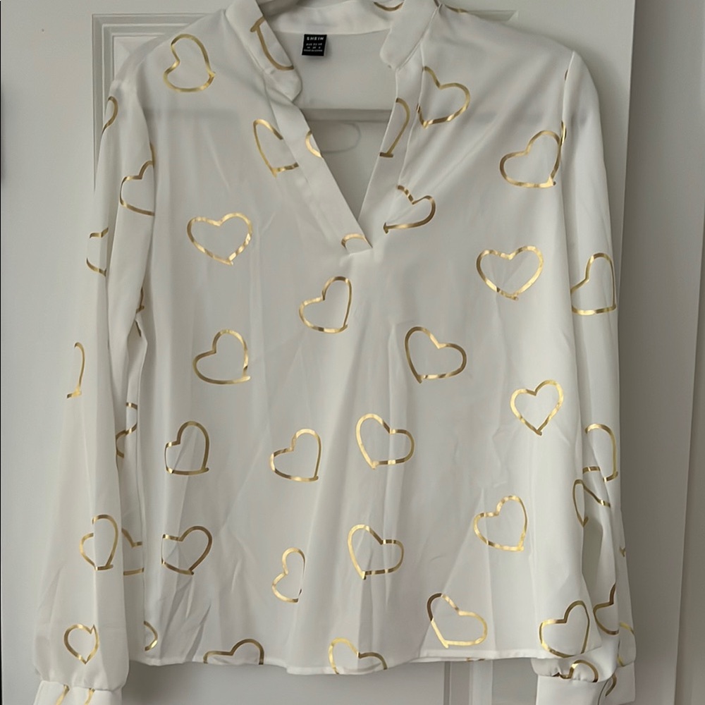 SHEIN Cream Blouse with Gold Heart Patterns